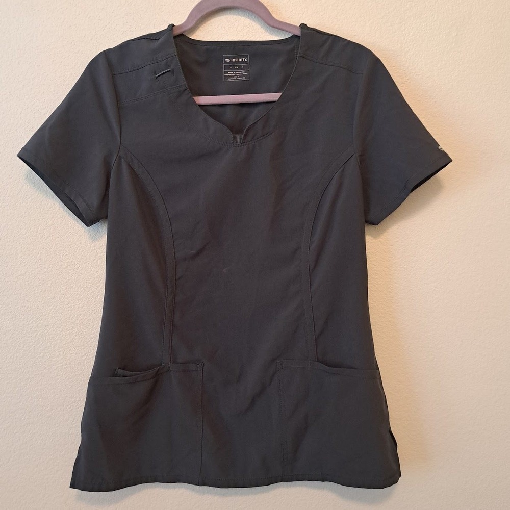Cherokee Infinity Women Scrub Top Pewter Gray V-Neck Rib Knit Back 2624A Small